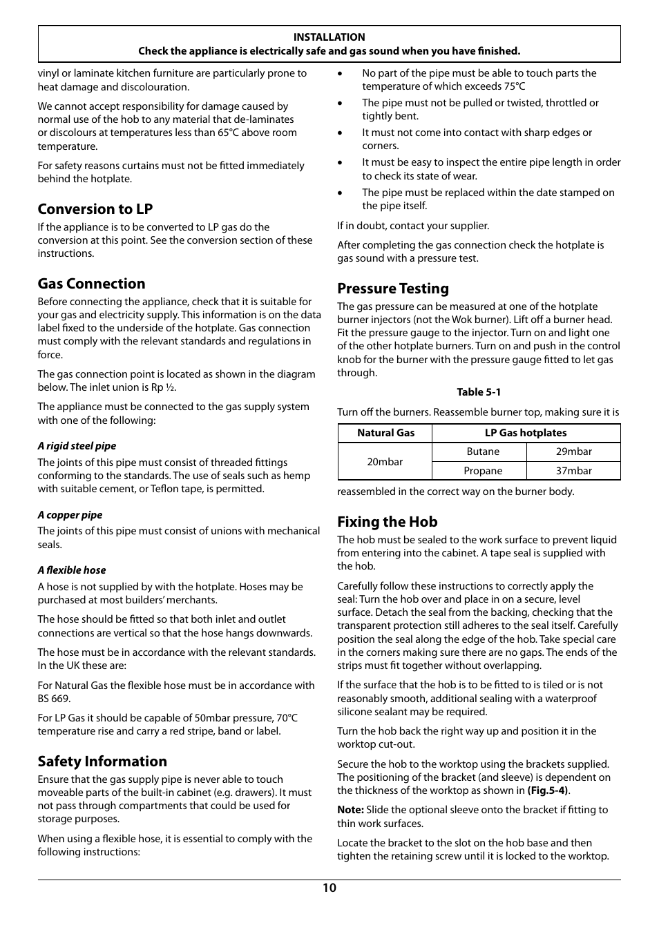 Conversion to lp, Gas connection, Safety information | Pressure testing, Fixing the hob | Rangemaster RGG77 User Manual | Page 12 / 20
