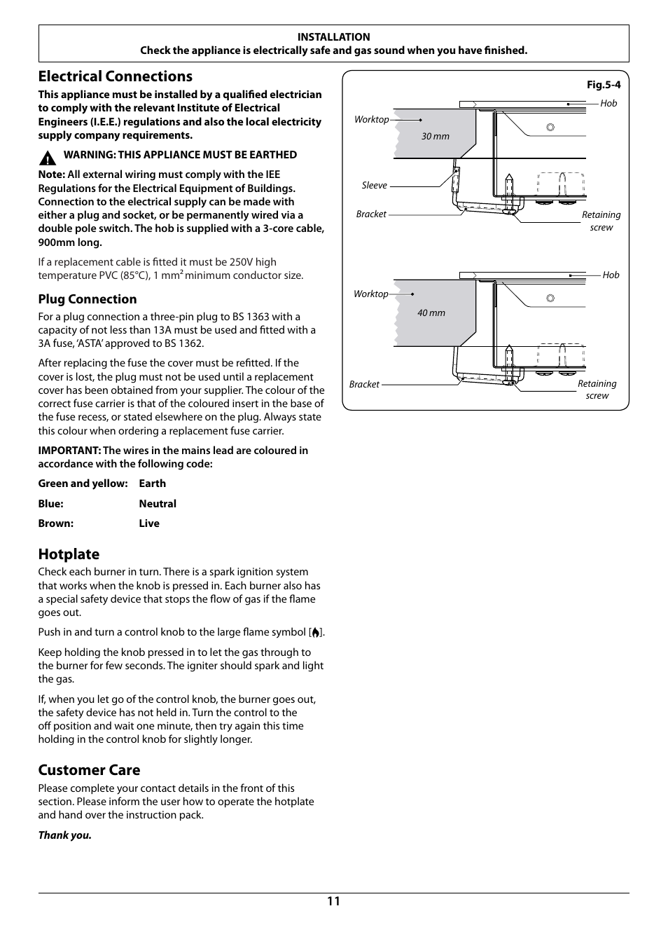 Electrical connections, Hotplate, Customer care | Rangemaster RGG77 User Manual | Page 13 / 20