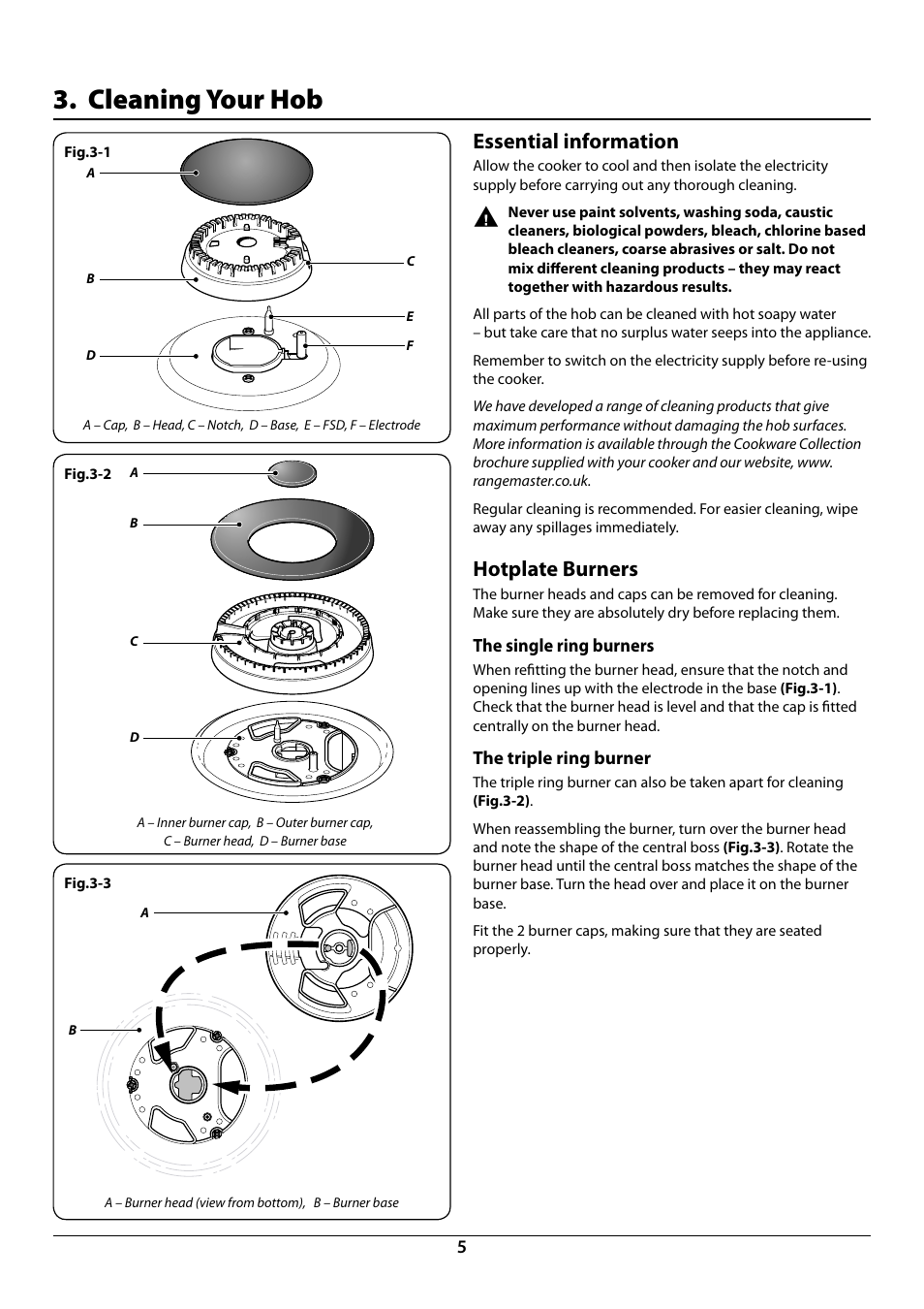 Cleaning your hob, Essential information, Hotplate burners | Rangemaster RGG77 User Manual | Page 7 / 20