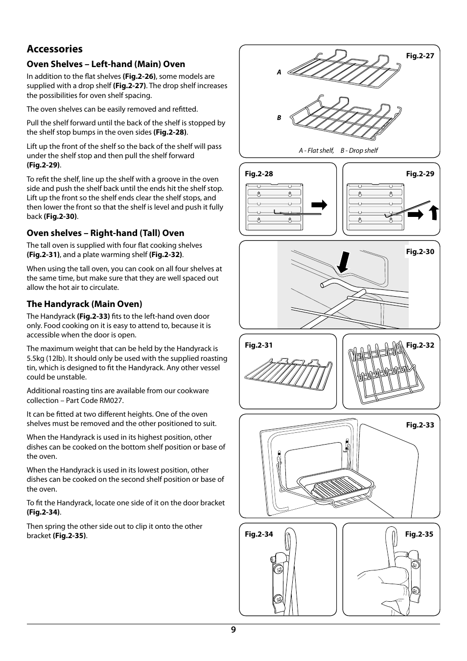 Accessories, Oven shelves – left-hand (main) oven, Oven shelves – right-hand (tall) oven | The handyrack (main oven) | Rangemaster 90 INDUCTION U109941 - 02 User Manual | Page 11 / 32