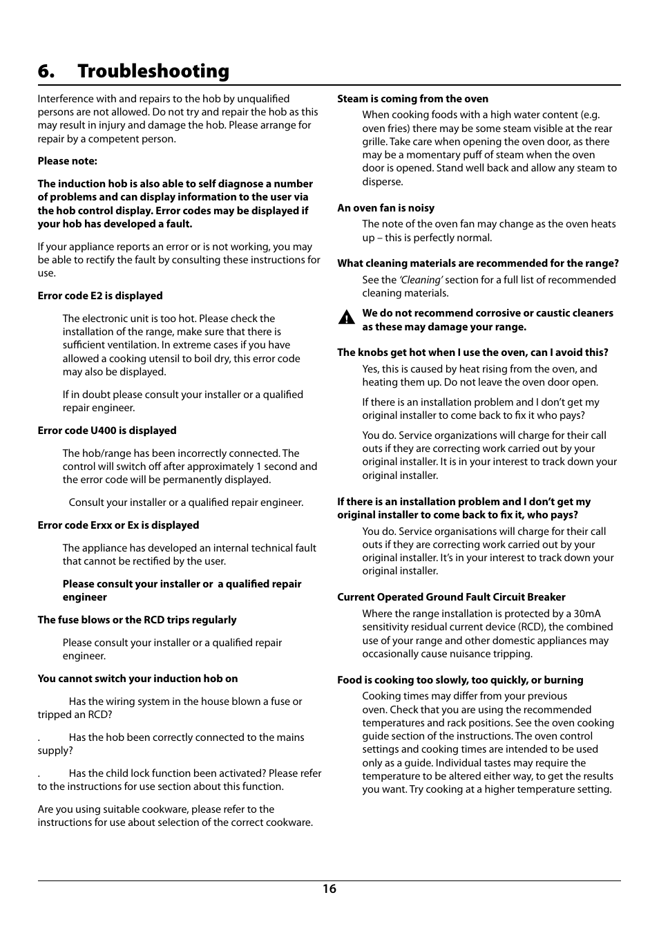 Troubleshooting | Rangemaster 90 INDUCTION U109941 - 02 User Manual | Page 18 / 32