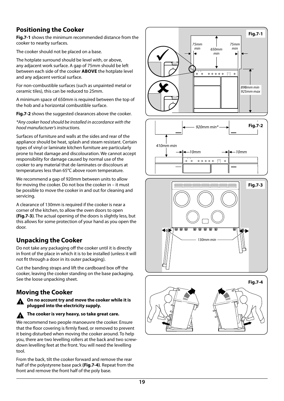 Positioning the cooker, Unpacking the cooker, Moving the cooker | Rangemaster 90 INDUCTION U109941 - 02 User Manual | Page 21 / 32