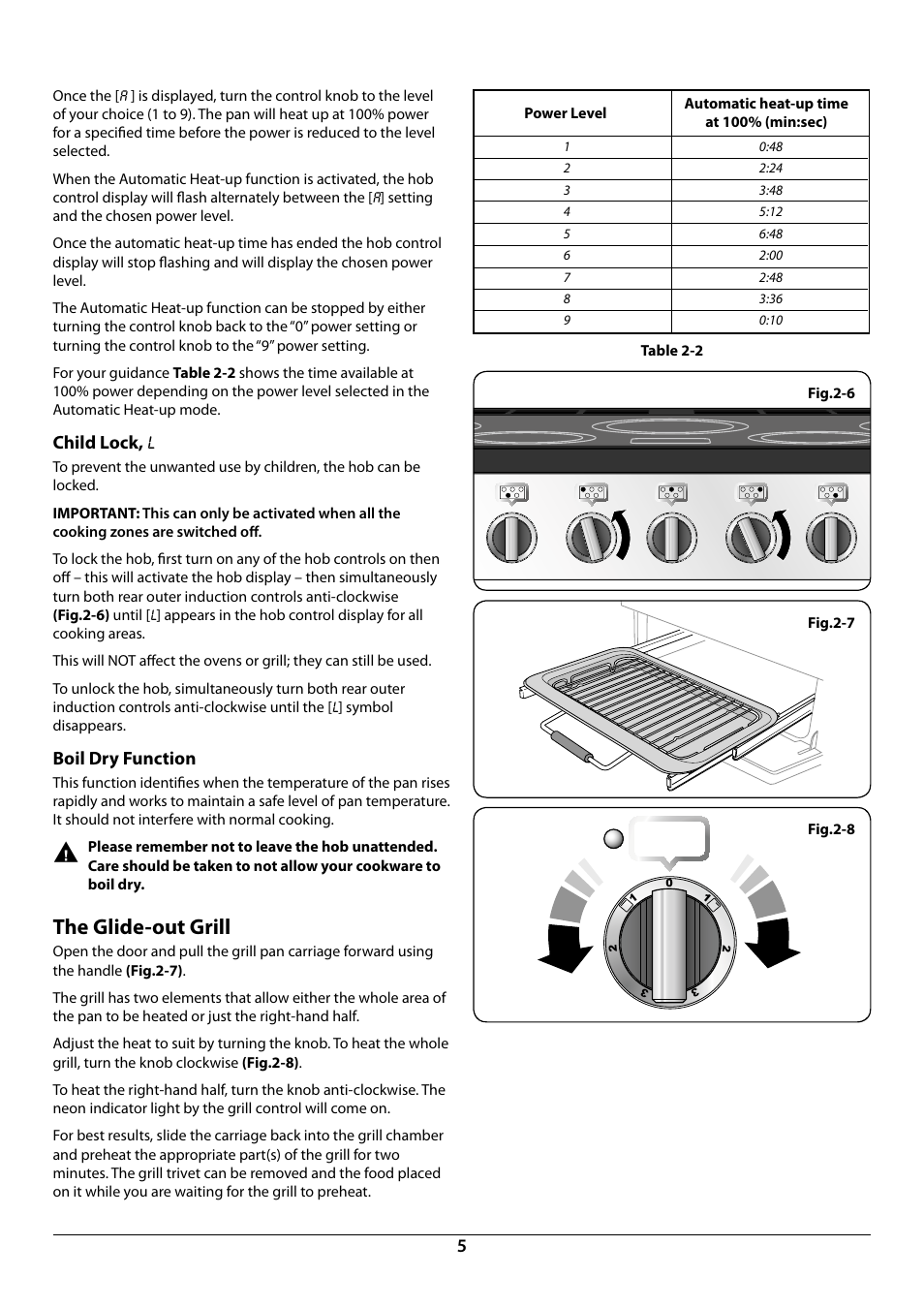 The glide-out grill, Child lock, l, Boil dry function | Rangemaster 90 INDUCTION U109941 - 02 User Manual | Page 7 / 32