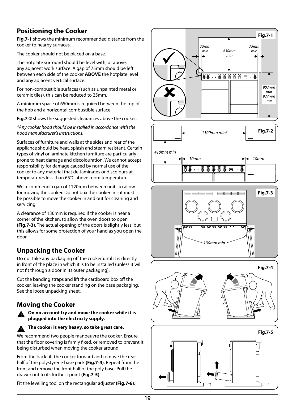 Positioning the cooker, Unpacking the cooker, Moving the cooker | Rangemaster Toledo 110 Induction Cooker U109948 - 04 User Manual | Page 21 / 32
