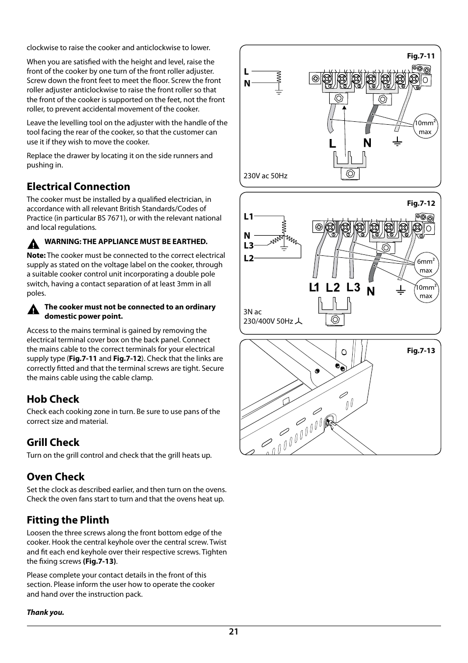 Electrical connection, Hob check, Grill check | Oven check, Fitting the plinth | Rangemaster Toledo 110 Induction Cooker U109948 - 04 User Manual | Page 23 / 32