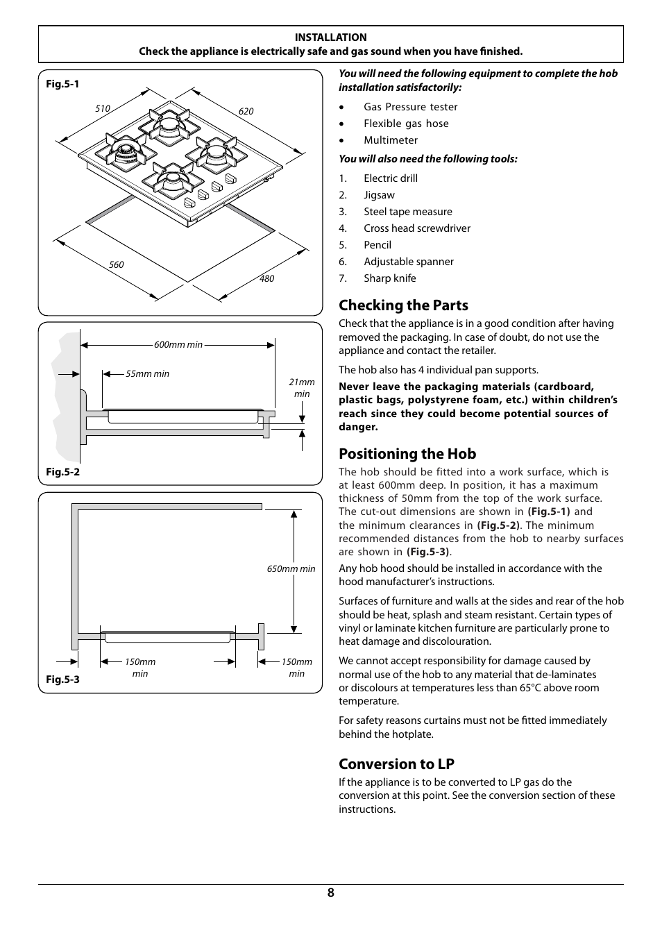 Checking the parts, Positioning the hob, Conversion to lp | Rangemaster RGG60 User Manual | Page 10 / 20