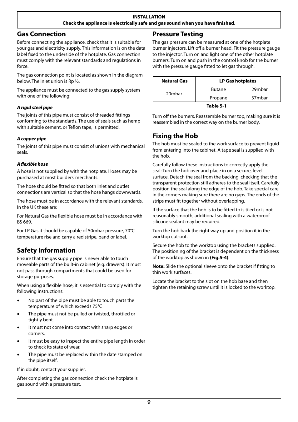 Pressure testing, Fixing the hob, Gas connection | Safety information | Rangemaster RGG60 User Manual | Page 11 / 20