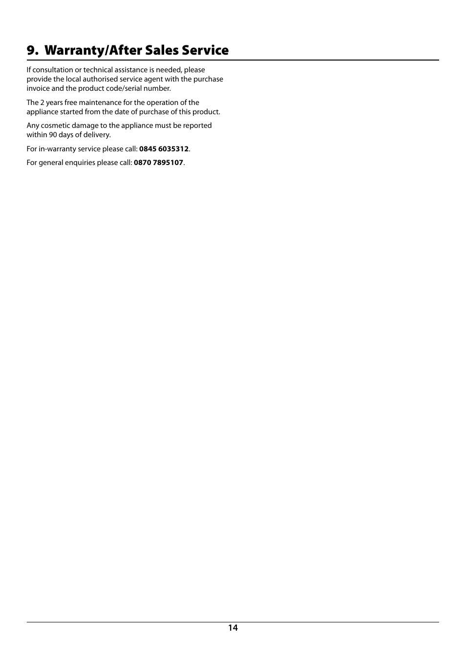 Warranty/after sales service | Rangemaster RGG60 User Manual | Page 16 / 20