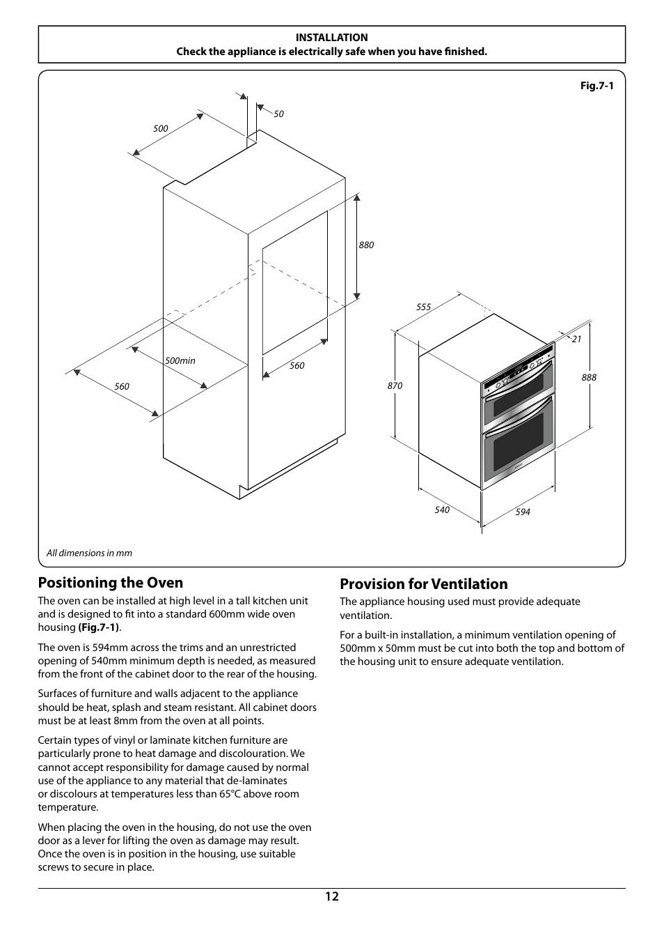 Positioning the oven, Provision for ventilation | Rangemaster R9044 User Manual | Page 14 / 20