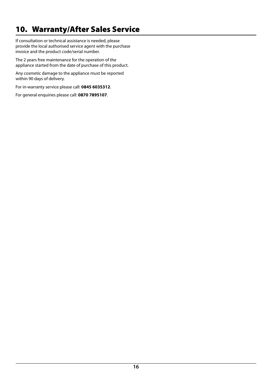 Warranty/after sales service | Rangemaster R9044 User Manual | Page 18 / 20