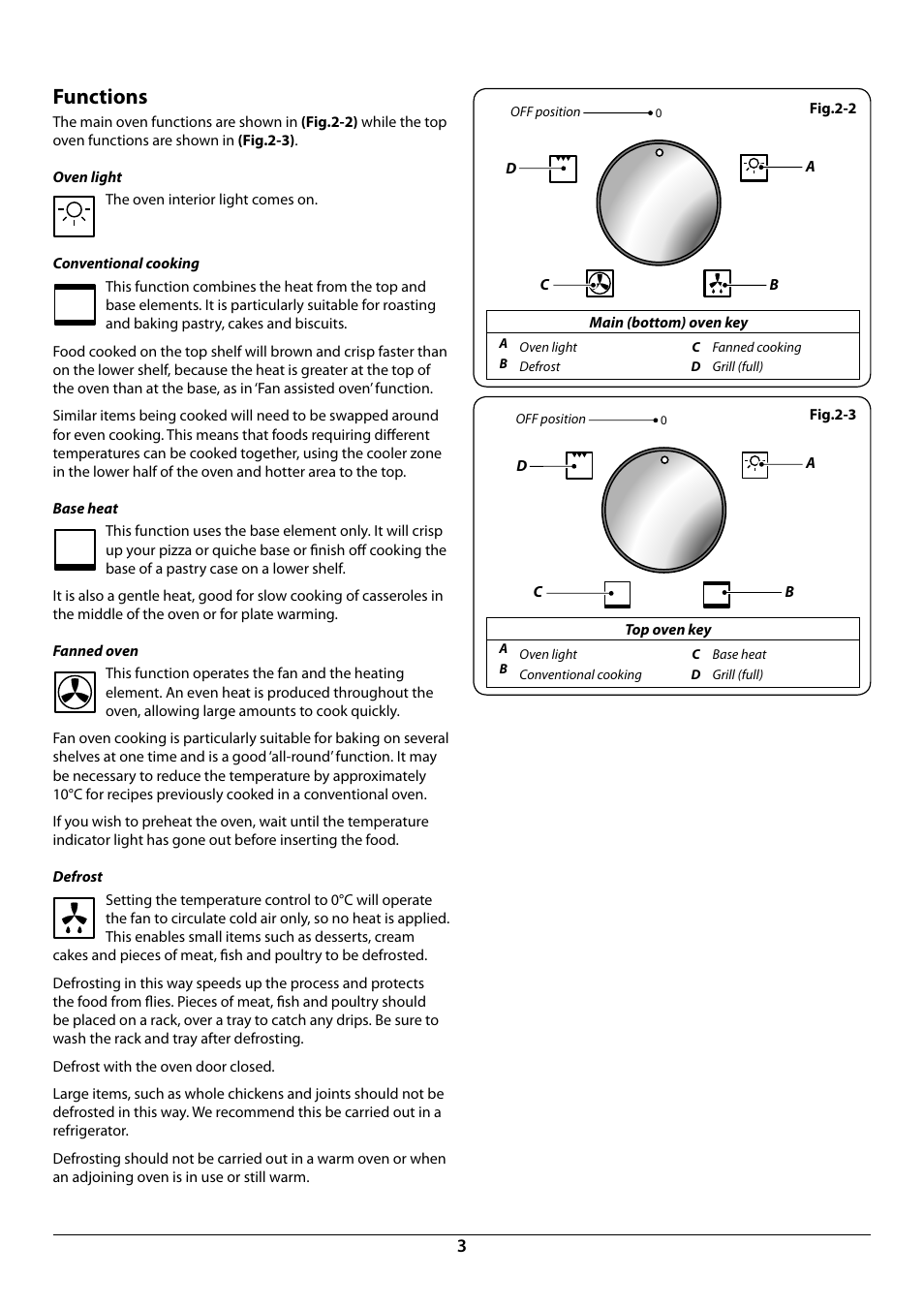 Functions, Fig.2-2, Main (bottom) oven key | Fig.2-3, Top oven key, A b oven light defrost, Cd fanned cooking grill (full), A b oven light conventional cooking, Cd base heat grill (full) | Rangemaster R9044 User Manual | Page 5 / 20