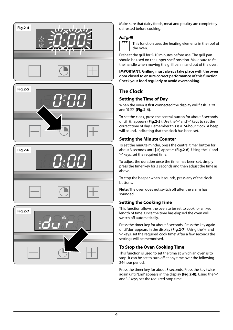The clock, Setting the time of day, Setting the minute counter | Setting the cooking time, Fig.2-5 fig.2-6, Fig.2-4 fig.2-7 | Rangemaster R9044 User Manual | Page 6 / 20