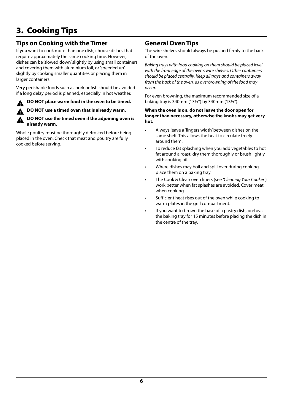 Cooking tips, Tips on cooking with the timer, General oven tips | Rangemaster R9044 User Manual | Page 8 / 20