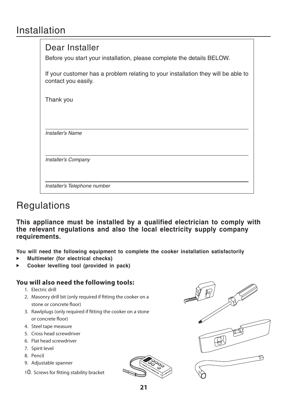 Installation regulations, Dear installer | Rangemaster KITCHENER U109720 - 01 User Manual | Page 21 / 36