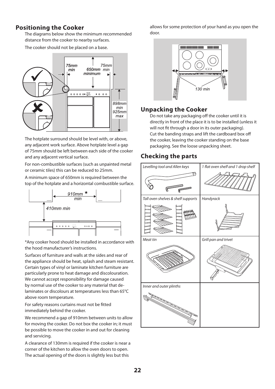 22 positioning the cooker, Unpacking the cooker, Checking the parts | Rangemaster KITCHENER U109720 - 01 User Manual | Page 22 / 36