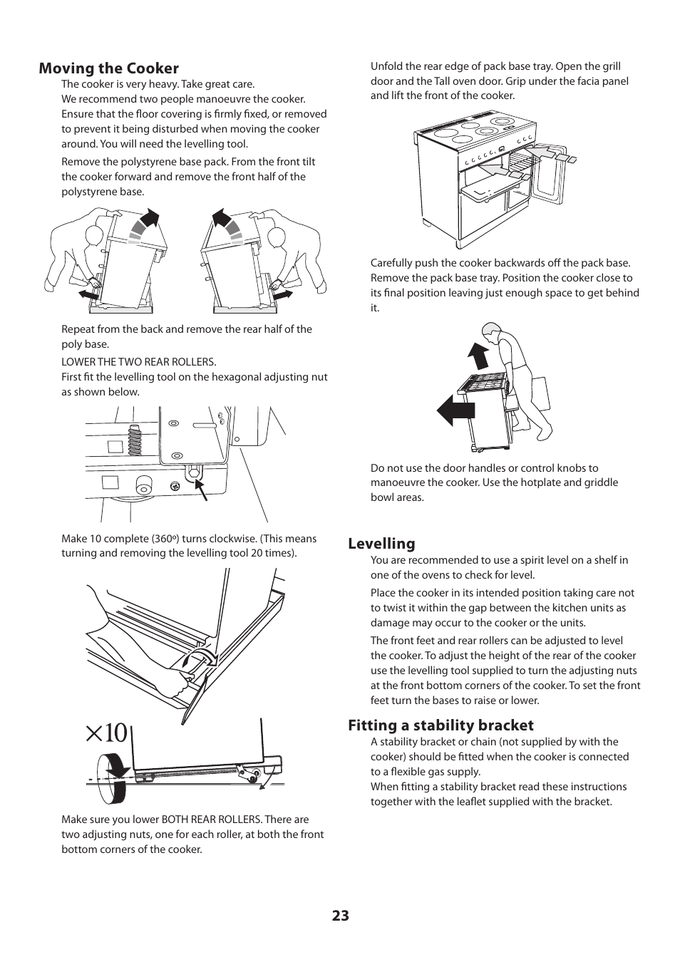 23 moving the cooker, Levelling, Fitting a stability bracket | Rangemaster KITCHENER U109720 - 01 User Manual | Page 23 / 36