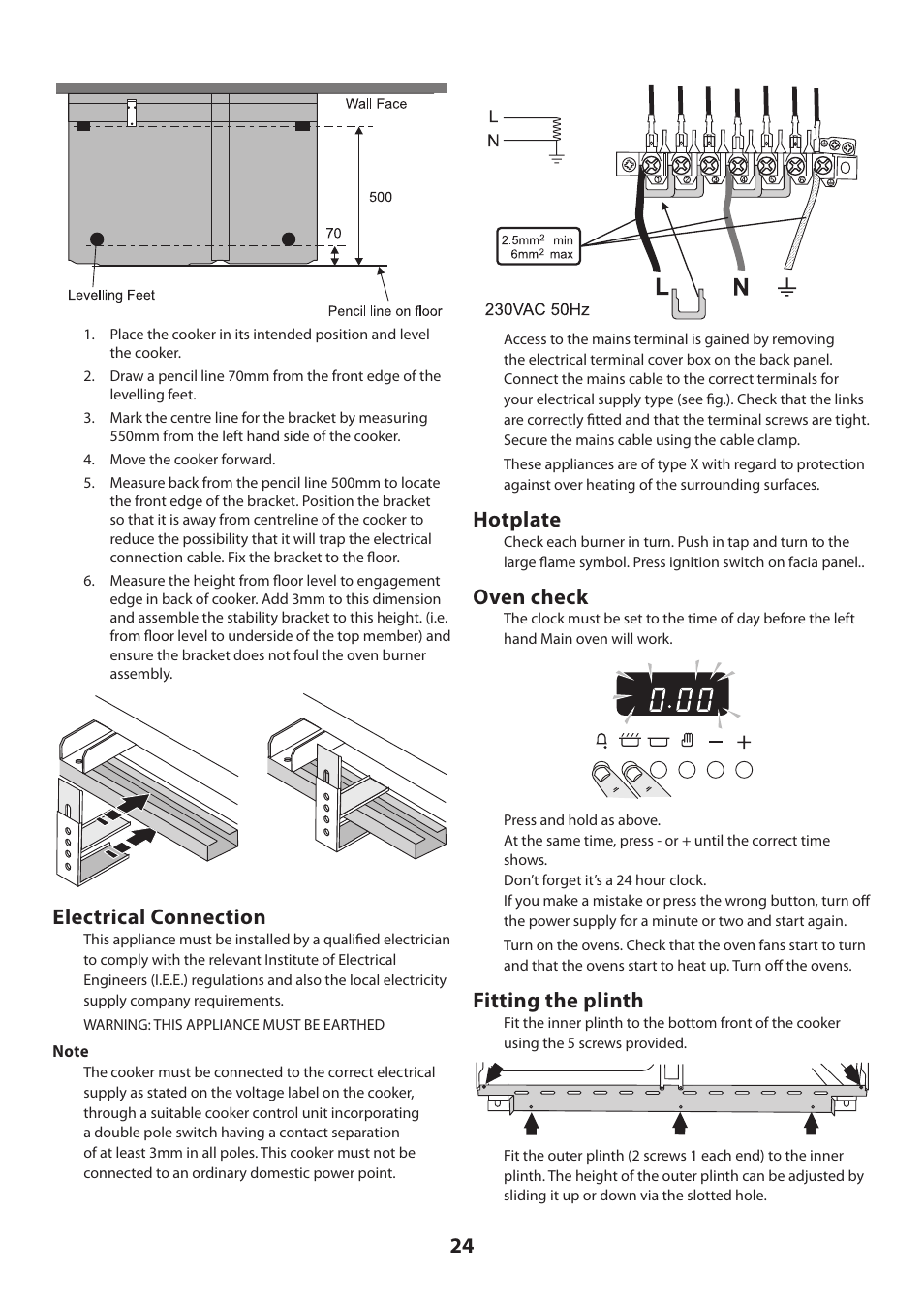 Electrical connection, Hotplate, Oven check | Fitting the plinth | Rangemaster KITCHENER U109720 - 01 User Manual | Page 24 / 36