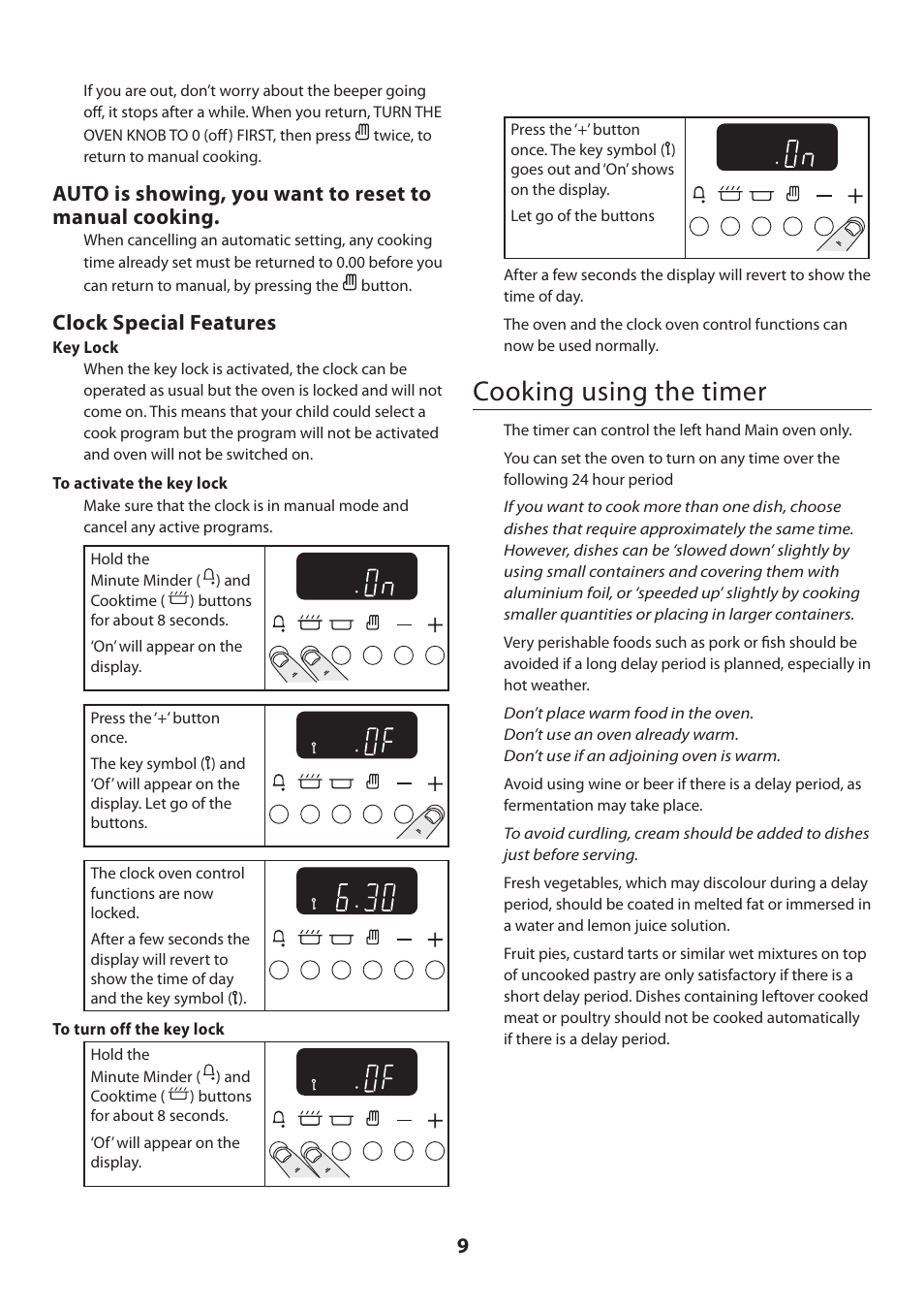 The clock, Cooking using the timer, Clock special features | Rangemaster KITCHENER U109720 - 01 User Manual | Page 9 / 36