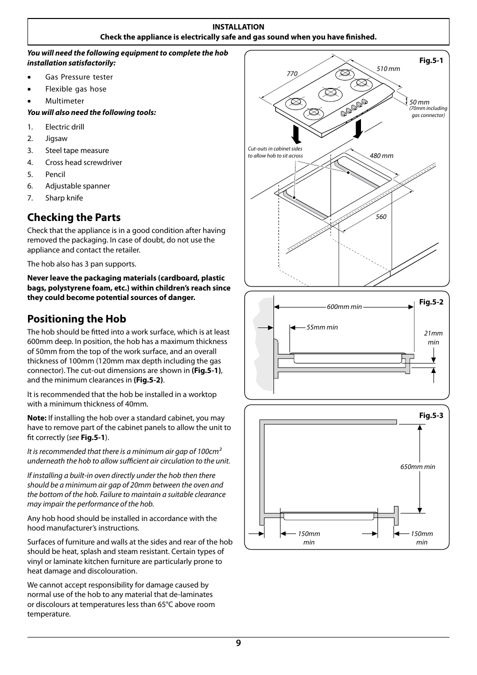 Checking the parts, Positioning the hob | Rangemaster RG70 User Manual | Page 11 / 20