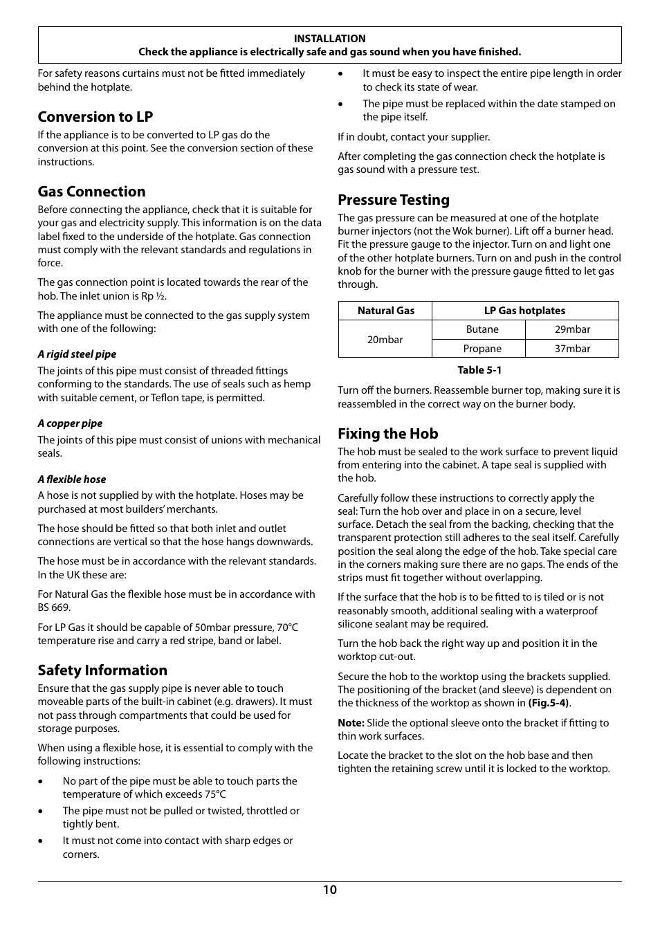 Conversion to lp, Gas connection, Safety information | Pressure testing, Fixing the hob | Rangemaster RG70 User Manual | Page 12 / 20