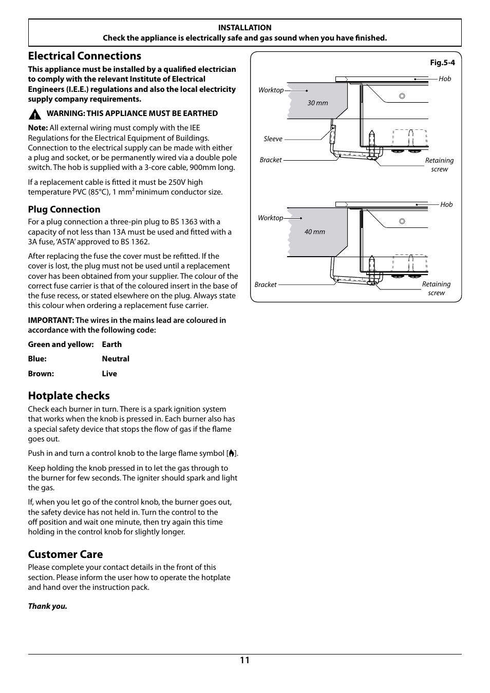 Electrical connections, Hotplate checks, Customer care | Rangemaster RG70 User Manual | Page 13 / 20