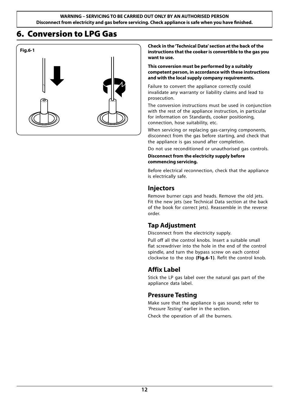 Conversion to lpg gas, Injectors, Tap adjustment | Affix label, Pressure testing | Rangemaster RG70 User Manual | Page 14 / 20