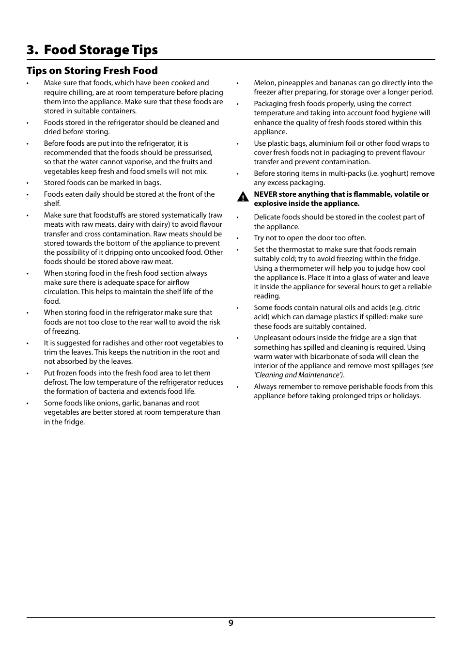 Food storage tips, Tips on storing fresh food | Rangemaster Integrated Fridge-Freezer 70:30 U110122-01B User Manual | Page 11 / 24