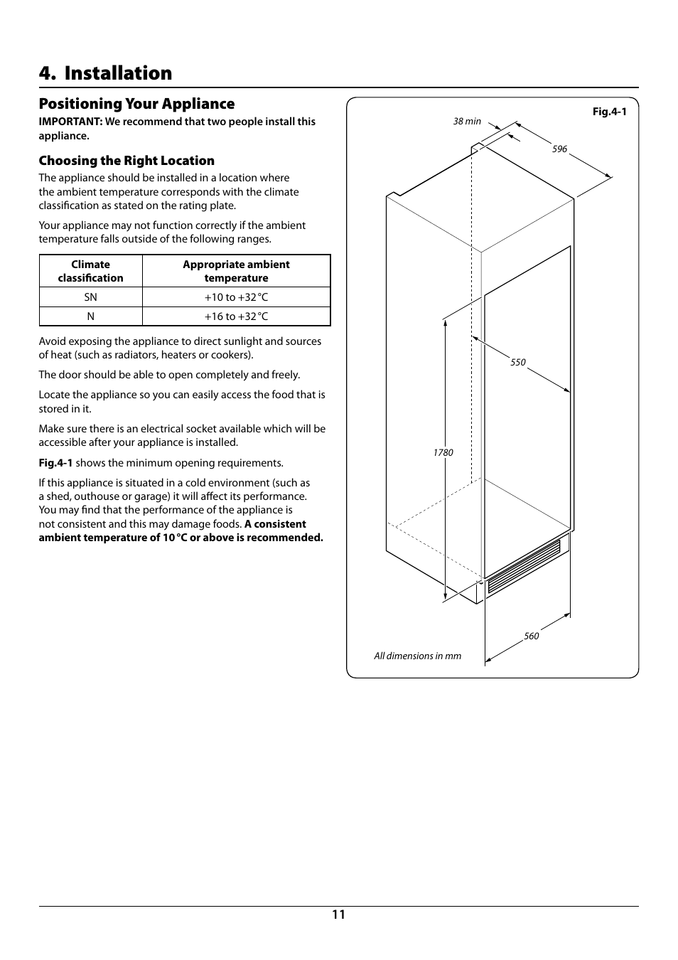 Installation, Positioning your appliance | Rangemaster Integrated Fridge-Freezer 70:30 U110122-01B User Manual | Page 13 / 24