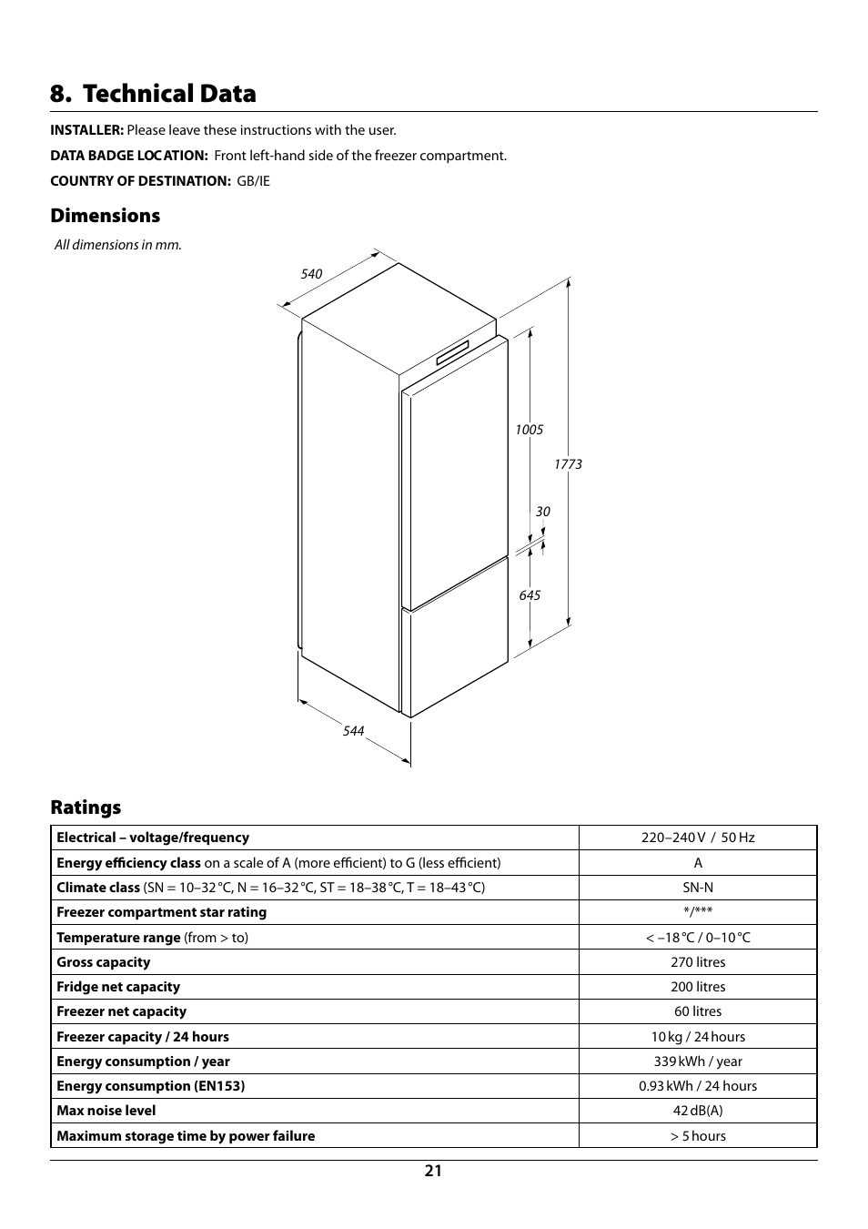 Technical data, Dimensions, Ratings | Rangemaster Integrated Fridge-Freezer 70:30 U110122-01B User Manual | Page 23 / 24