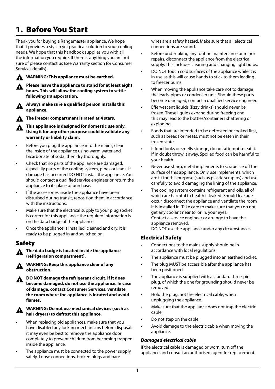 Before you start, Safety | Rangemaster Integrated Fridge-Freezer 70:30 U110122-01B User Manual | Page 3 / 24