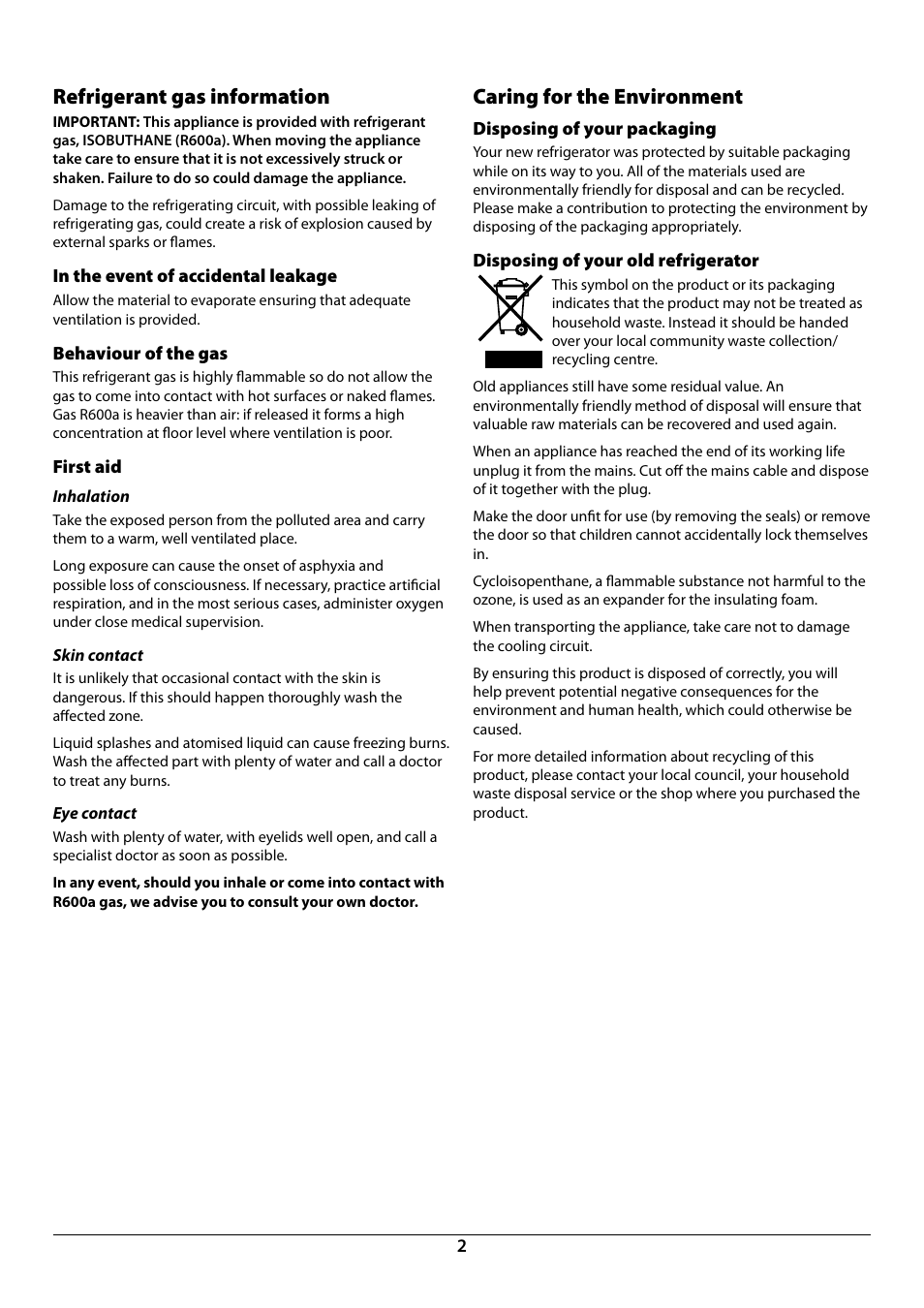 Refrigerant gas information, Caring for the environment | Rangemaster Integrated Fridge-Freezer 70:30 U110122-01B User Manual | Page 4 / 24
