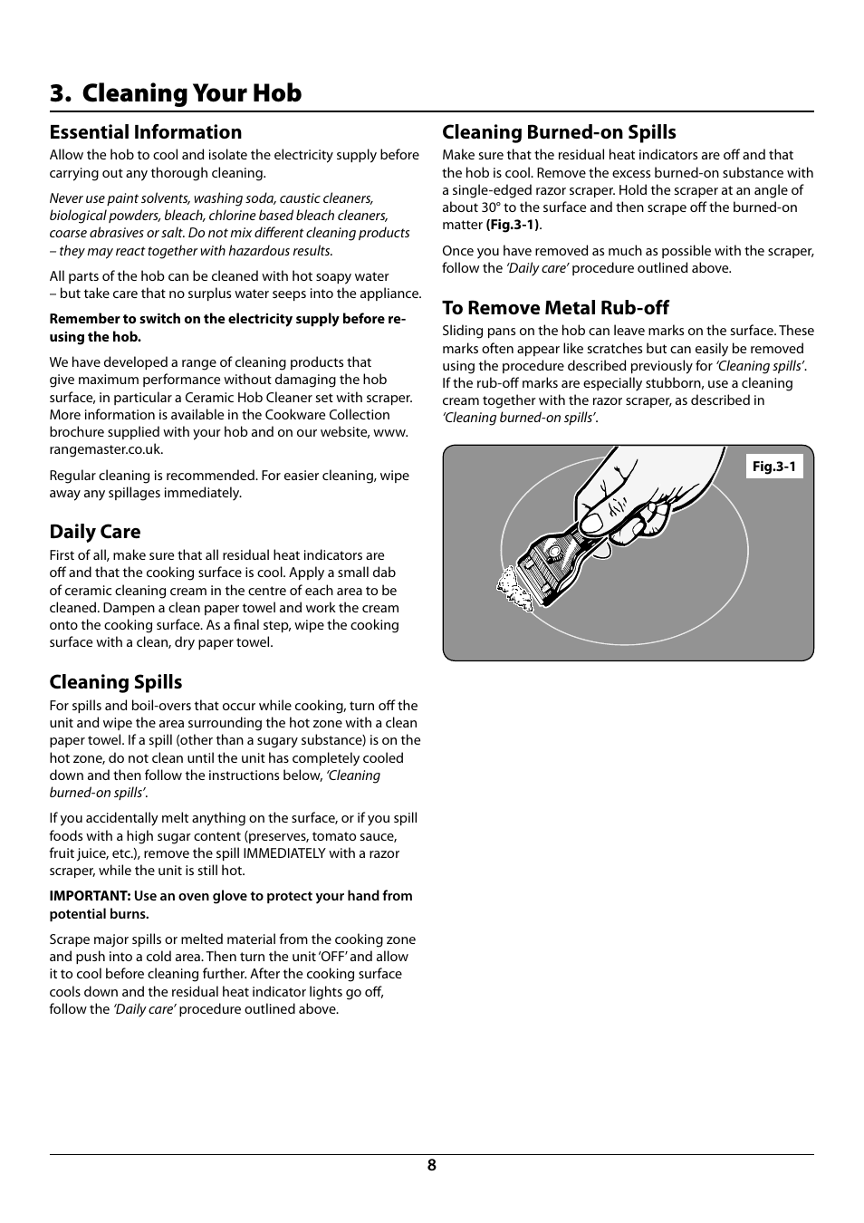 Cleaning your hob, Cleaning burned-on spills, Essential information | Daily care, Cleaning spills | Rangemaster RI77 User Manual | Page 10 / 20