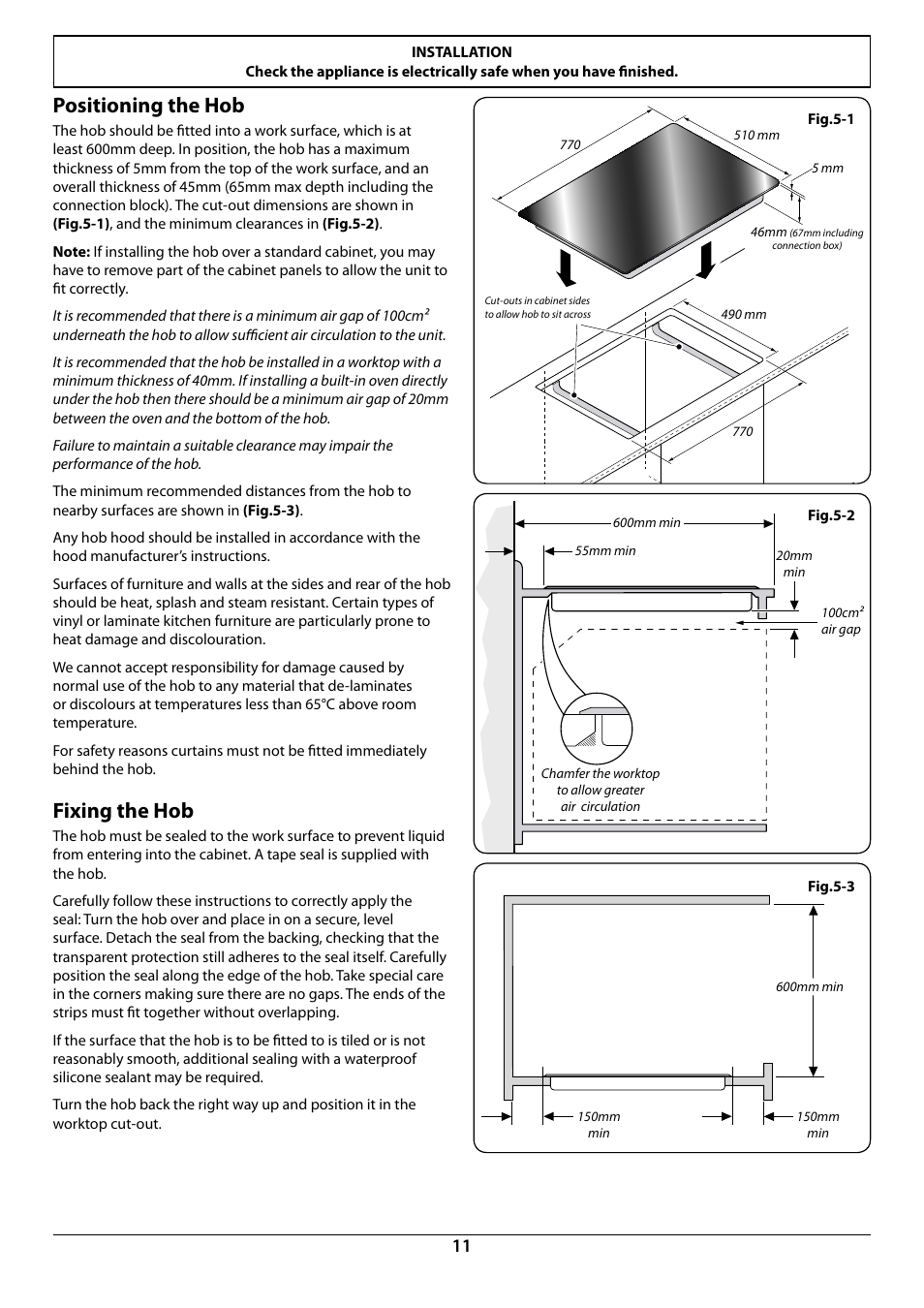 Positioning the hob, Fixing the hob | Rangemaster RI77 User Manual | Page 13 / 20