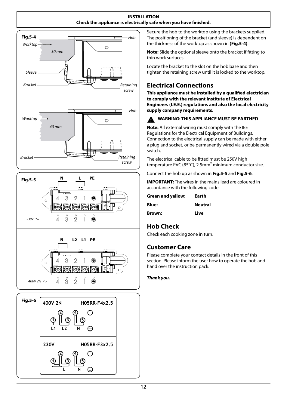 Electrical connections, Hob check, Customer care | Rangemaster RI77 User Manual | Page 14 / 20