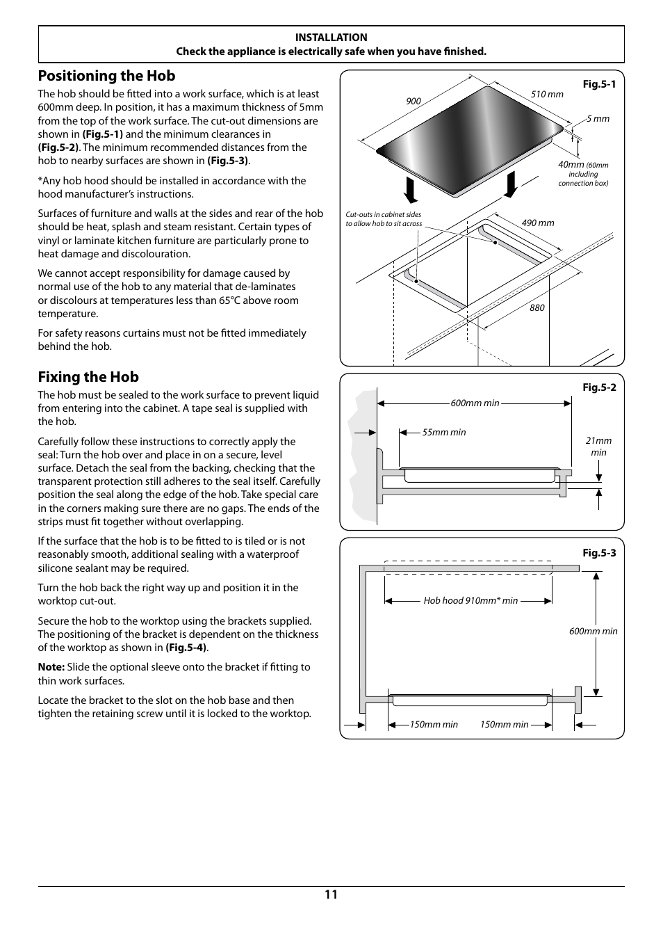 Positioning the hob, Fixing the hob | Rangemaster RC90 User Manual | Page 13 / 20