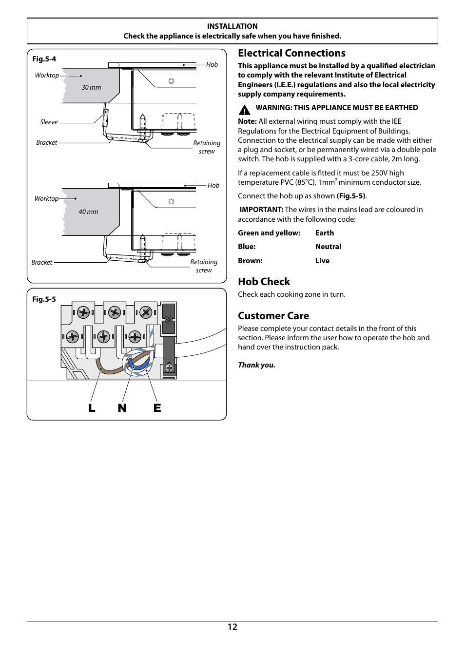 Ln e, Electrical connections, Hob check | Customer care | Rangemaster RC90 User Manual | Page 14 / 20