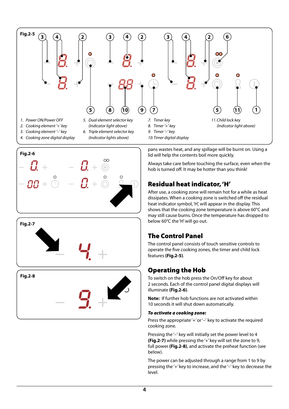 Residual heat indicator, ‘h, The control panel, Operating the hob | Rangemaster RC90 User Manual | Page 6 / 20