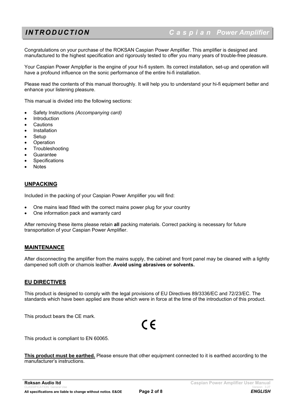 Power amplifier | Roksan Audio C a s p i a n Mseries-1 User Manual | Page 2 / 8