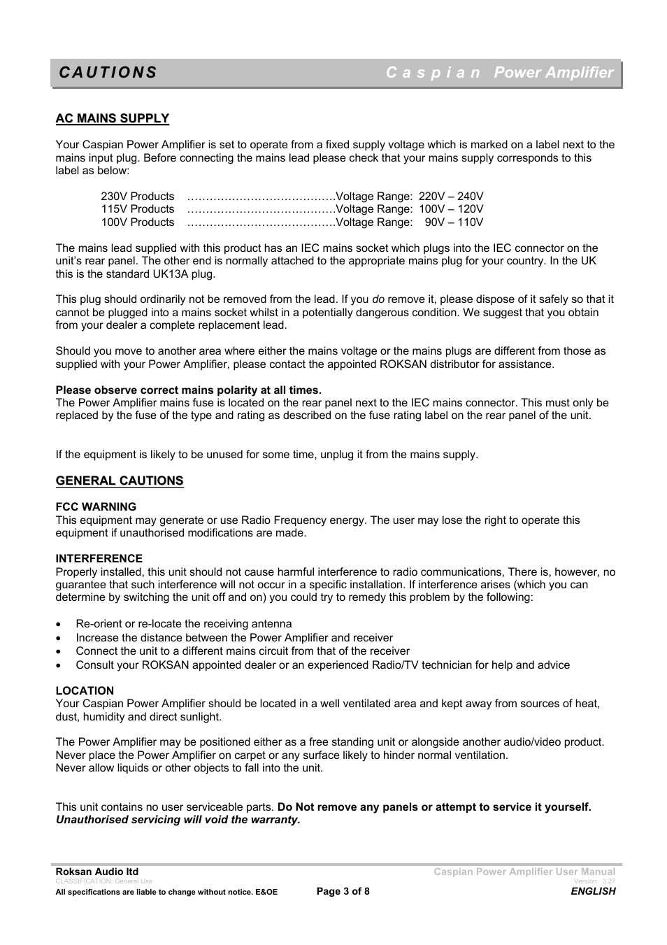 Power amplifier | Roksan Audio C a s p i a n Mseries-1 User Manual | Page 3 / 8
