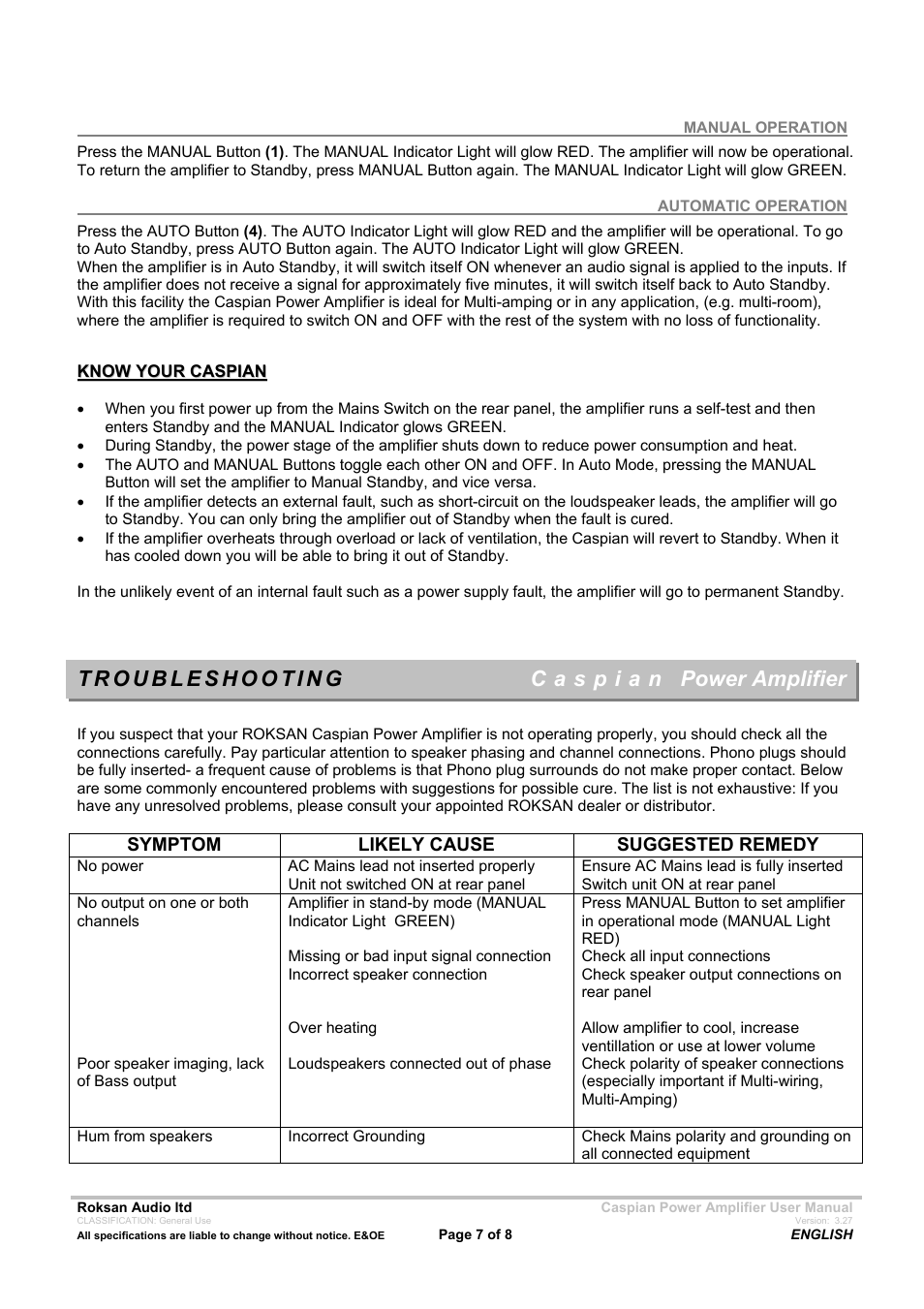 Power amplifier | Roksan Audio C a s p i a n Mseries-1 User Manual | Page 7 / 8