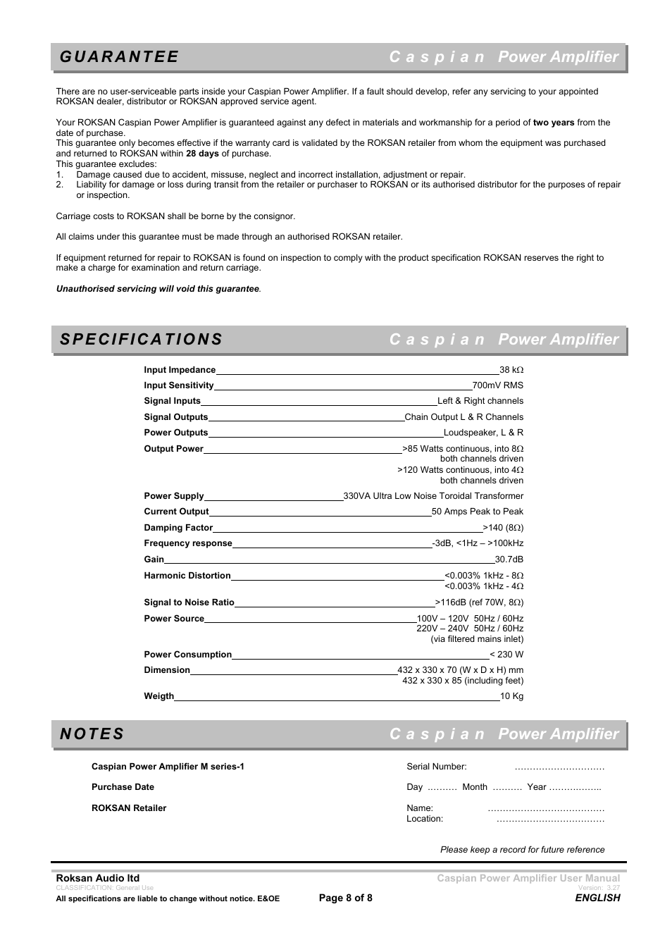 Power amplifier | Roksan Audio C a s p i a n Mseries-1 User Manual | Page 8 / 8