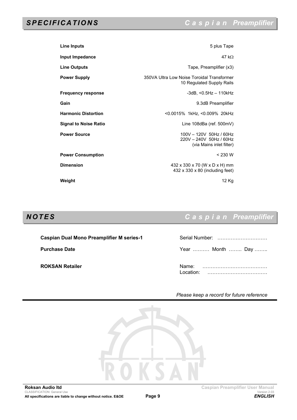 Preamplifier | Roksan Audio M series --1 User Manual | Page 9 / 9