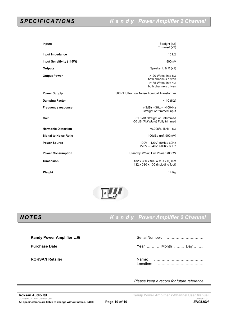 Power amplifier 2 channel | Roksan Audio Kandy L III User Manual | Page 10 / 10