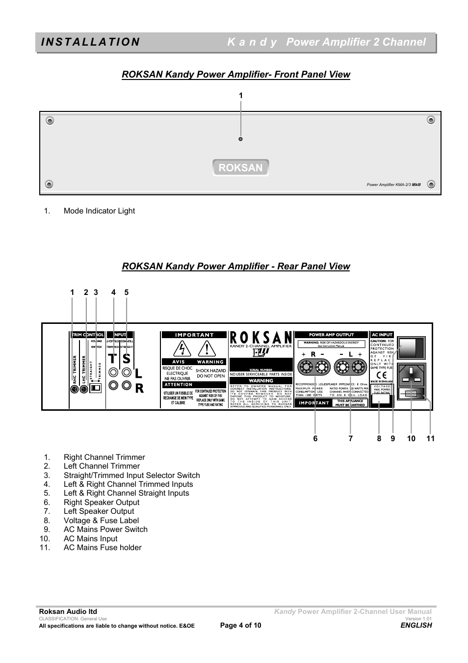 Power amplifier 2 channel, Roksan, Roksan kandy power amplifier- front panel view | Roksan kandy power amplifier - rear panel view | Roksan Audio Kandy L III User Manual | Page 4 / 10