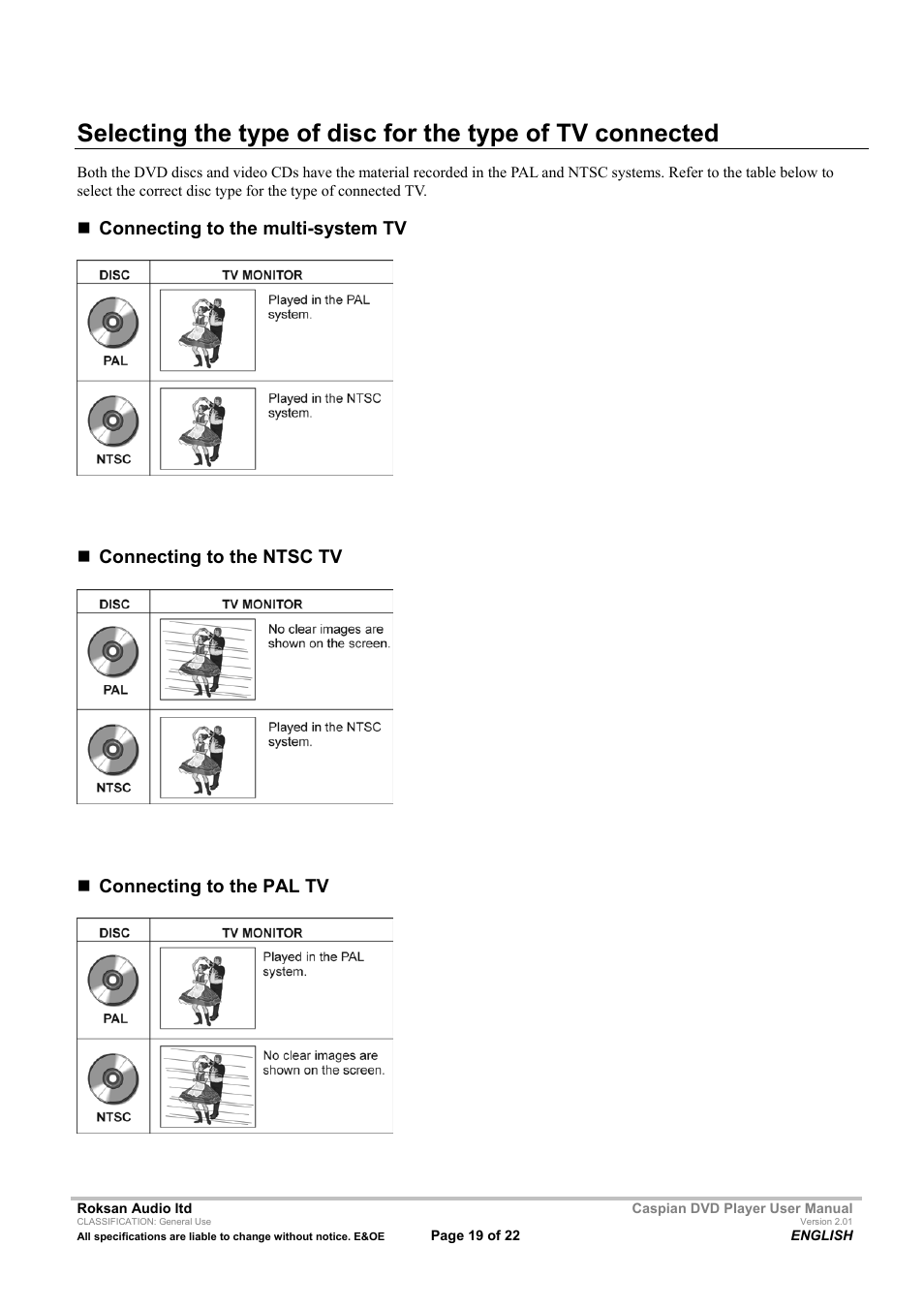 Connecting to the multi-system tv, Connecting to the ntsc tv, Connecting to the pal tv | Roksan Audio Caspian User Manual | Page 19 / 22