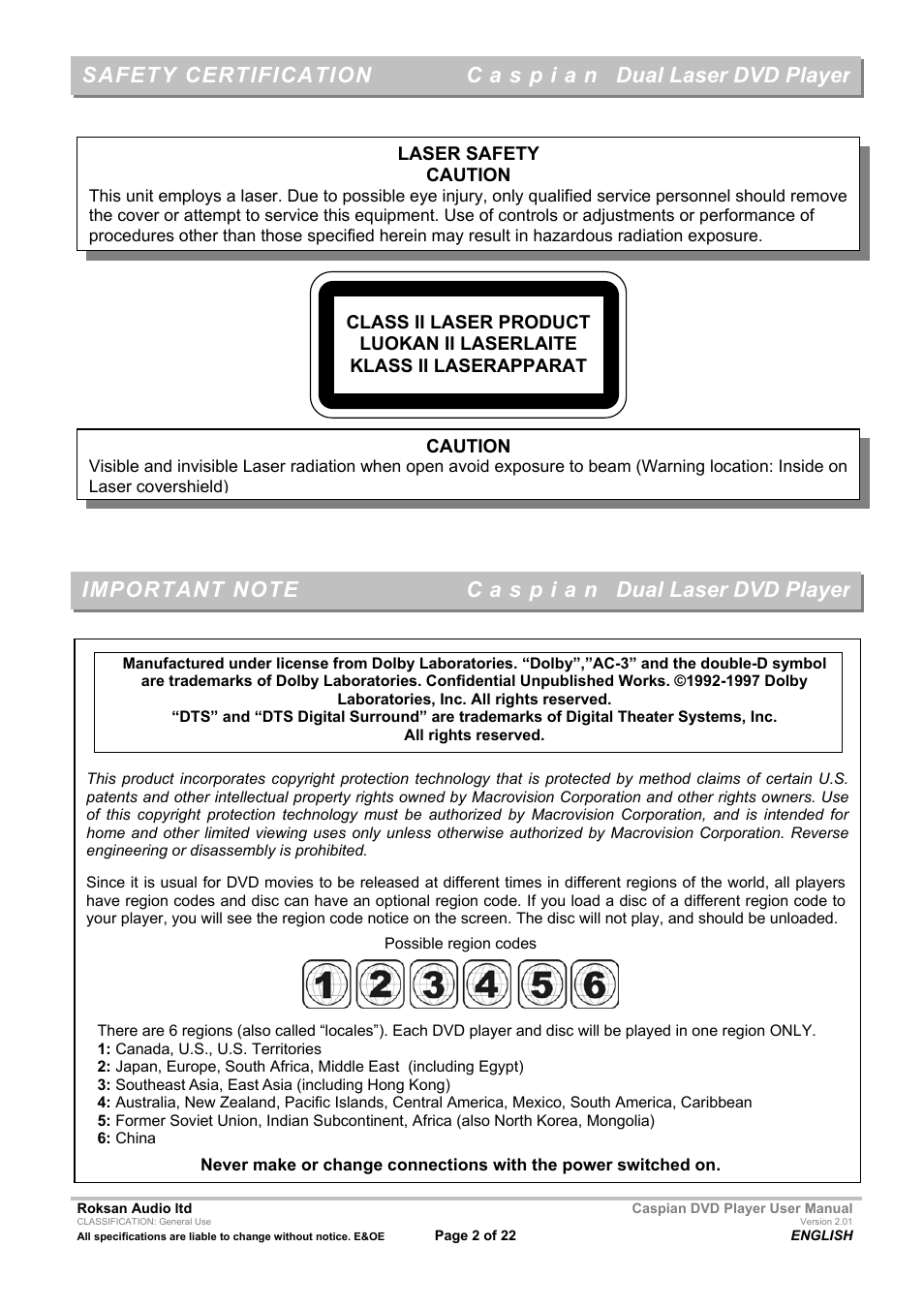 Dual laser dvd player, Laser safety caution | Roksan Audio Caspian User Manual | Page 2 / 22