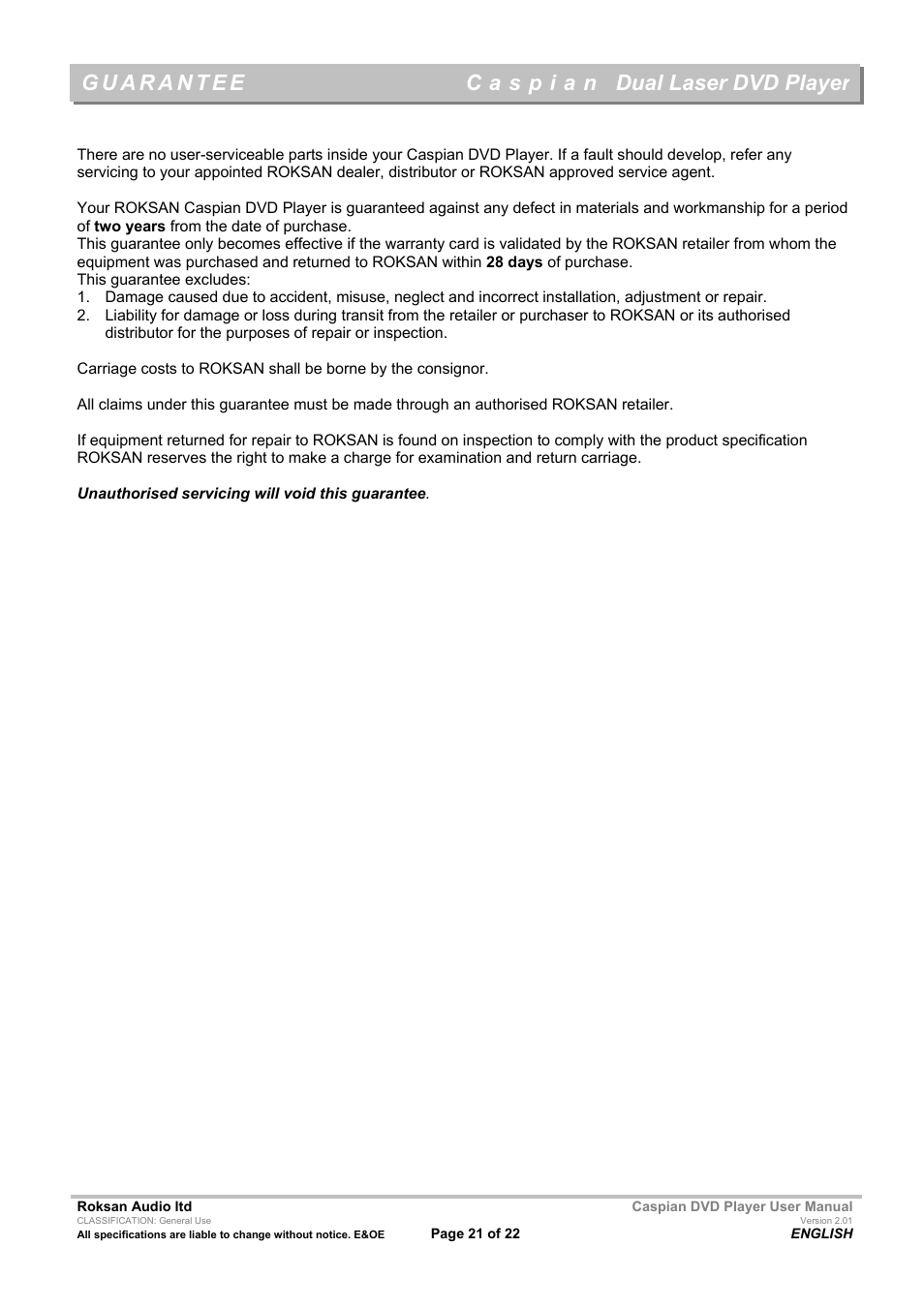 Dual laser dvd player | Roksan Audio Caspian User Manual | Page 21 / 22