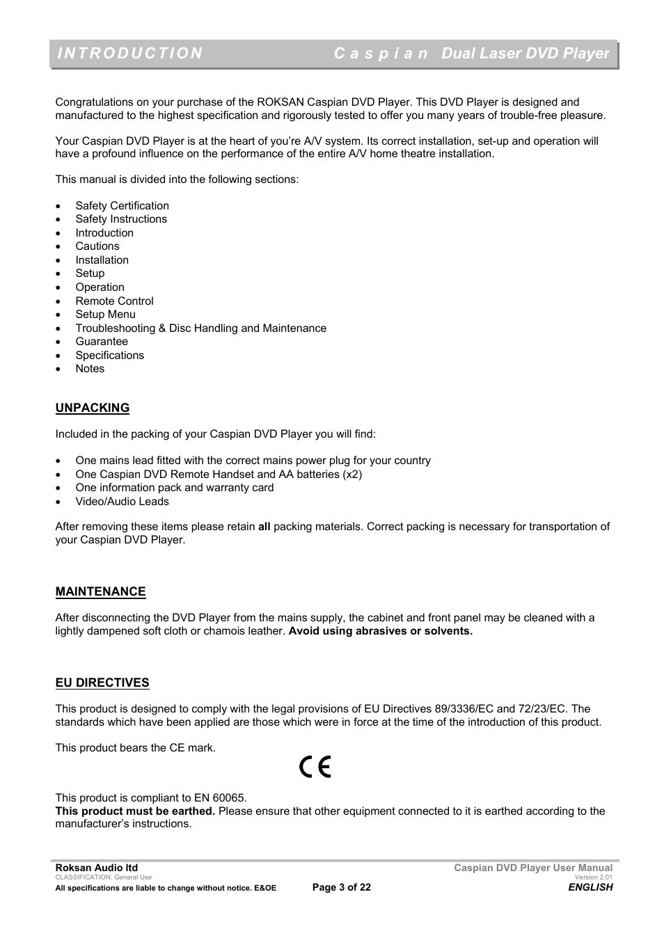 Dual laser dvd player | Roksan Audio Caspian User Manual | Page 3 / 22