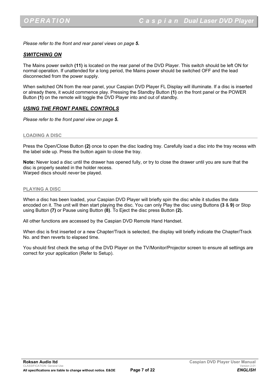 Dual laser dvd player | Roksan Audio Caspian User Manual | Page 7 / 22