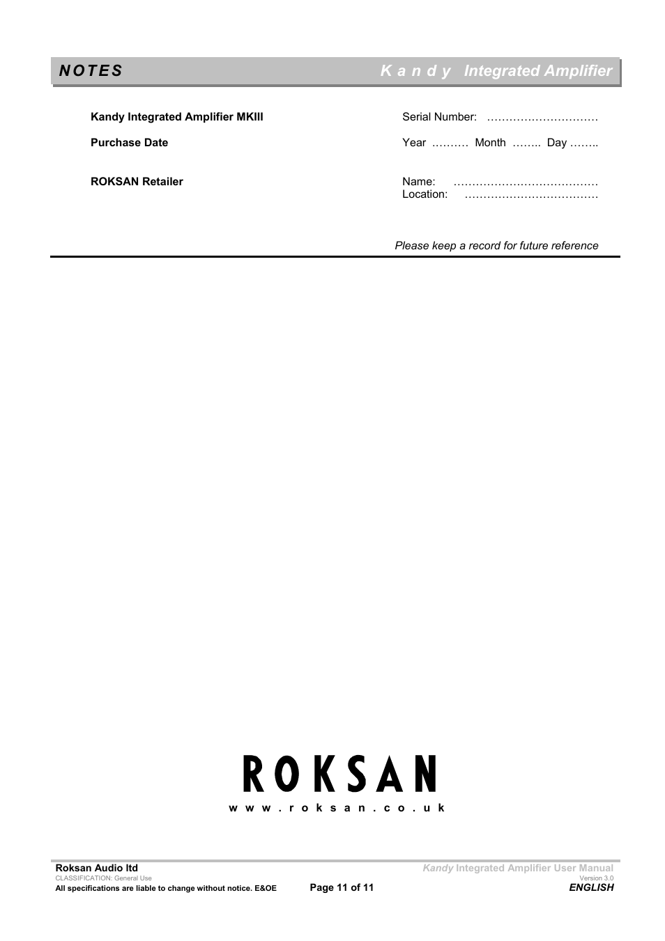Integrated amplifier | Roksan Audio MkIII User Manual | Page 11 / 11